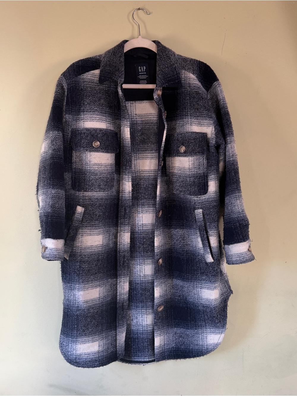 GAP Women's Navy & White Plaid Long Coat